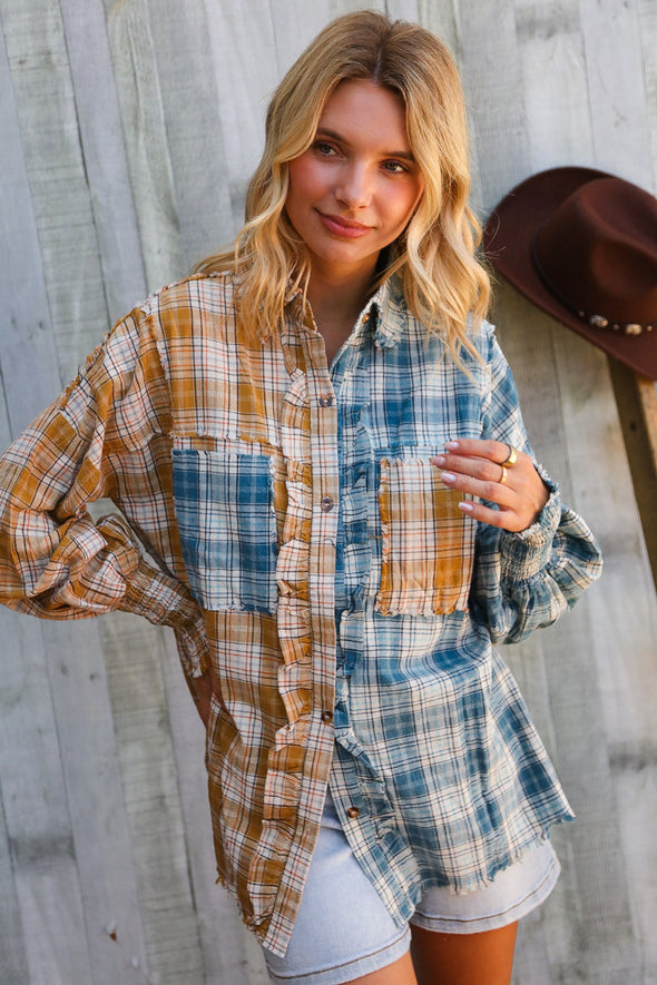 Adorable You Turquoise/Yellow Plaid Smocked Sleeve Frill Detail Top