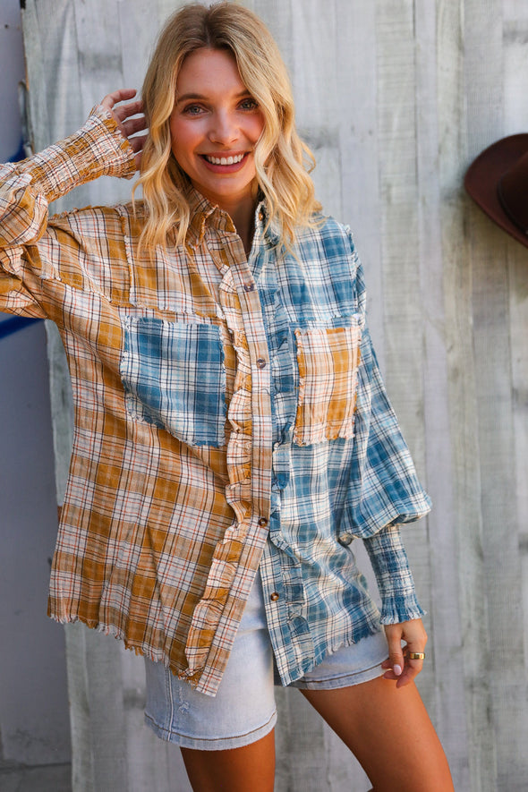 Adorable You Turquoise/Yellow Plaid Smocked Sleeve Frill Detail Top