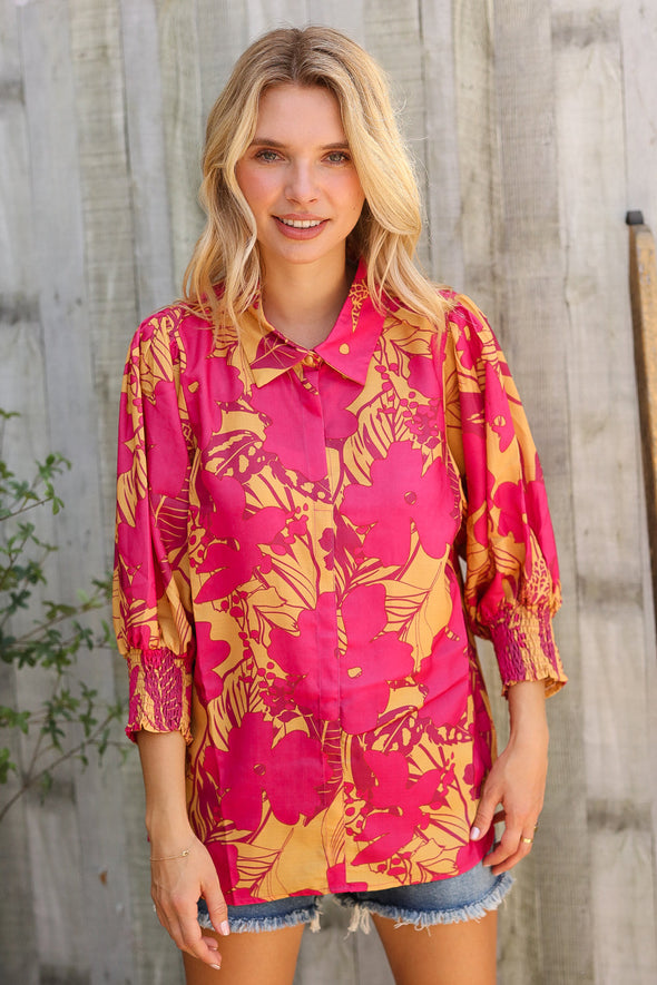 Elegant In Fuchsia & Gold Satin Button-Down Smock Long Sleeve Bouse
