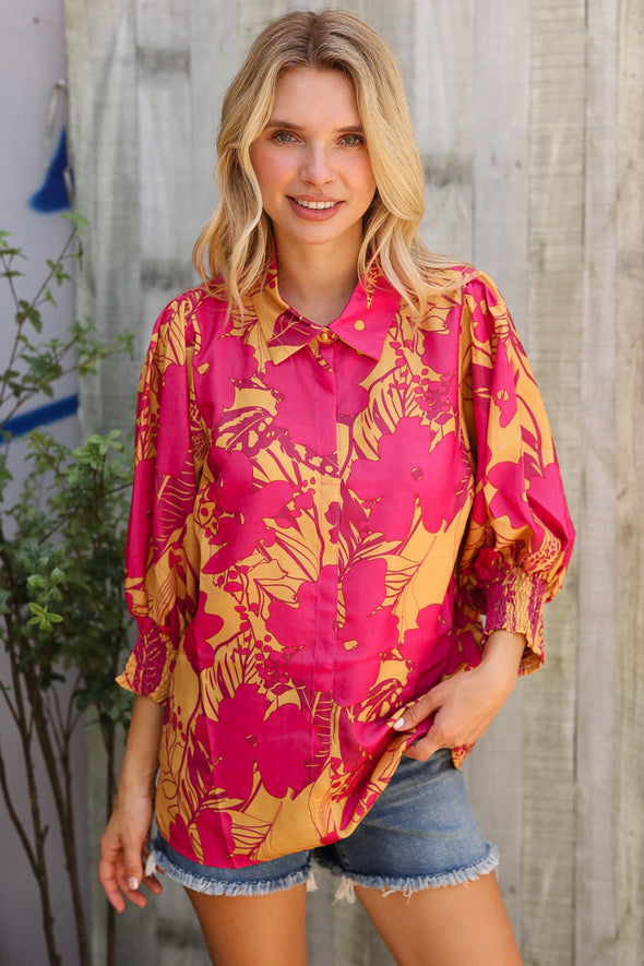 Elegant In Fuchsia & Gold Satin Button-Down Smock Long Sleeve Bouse