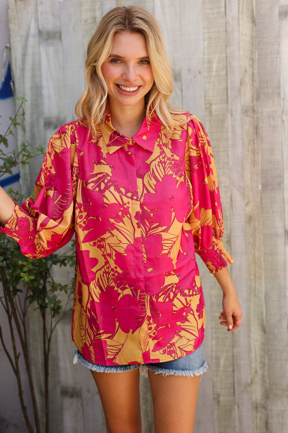 Elegant In Fuchsia & Gold Satin Button-Down Smock Long Sleeve Bouse