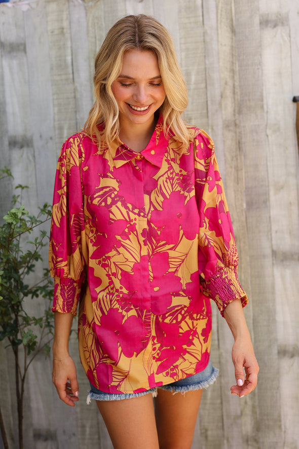 Elegant In Fuchsia & Gold Satin Button-Down Smock Long Sleeve Bouse