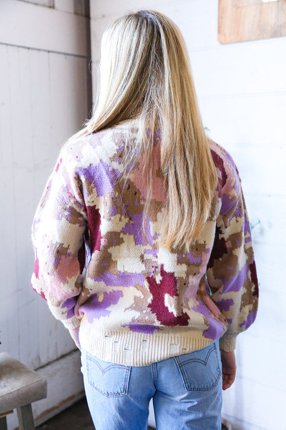 Cozy in Chaos Taupe Multi Print Design Sweater