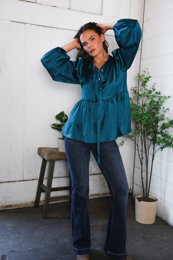 Tied Up In Style Teal Ribbon Blouse