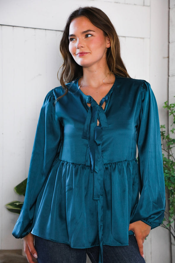 Tied Up In Style Teal Ribbon Blouse