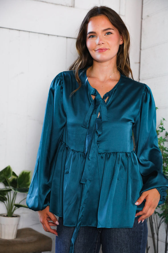 Tied Up In Style Teal Ribbon Blouse
