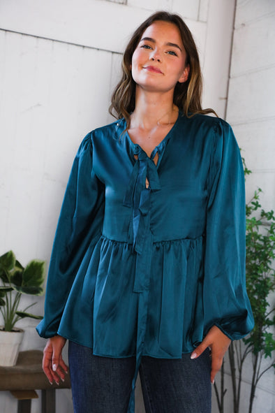 Tied Up In Style Teal Ribbon Blouse