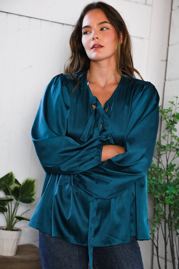 Tied Up In Style Teal Ribbon Blouse