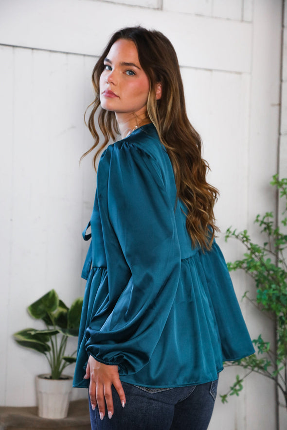 Tied Up In Style Teal Ribbon Blouse