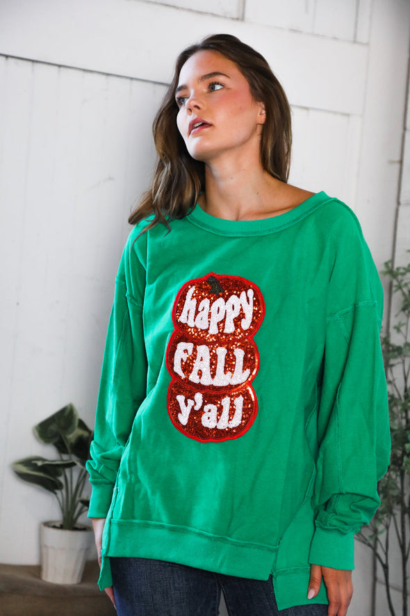 Happy Fall Y'all' Kelly Green Sweater