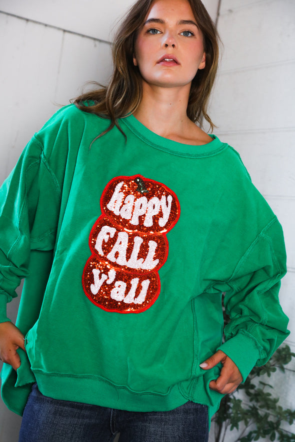 Happy Fall Y'all' Kelly Green Sweater