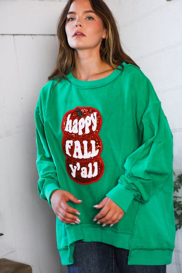 Happy Fall Y'all' Kelly Green Sweater
