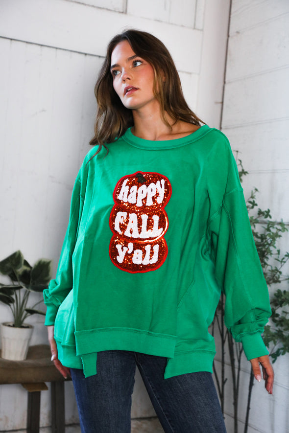 Happy Fall Y'all' Kelly Green Sweater