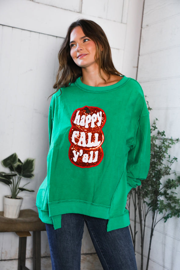 Happy Fall Y'all' Kelly Green Sweater