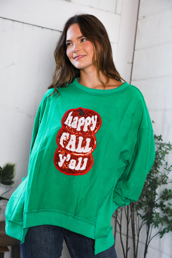 Happy Fall Y'all' Kelly Green Sweater