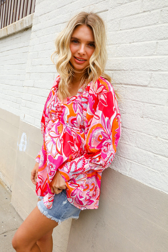 All For You Red Silky Floral Print Sweetheart Neck Long Sleeve Blouse