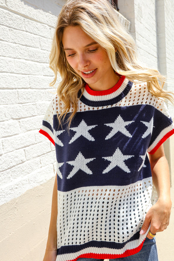 Stars & Stripe Dolman Sleeve Netted Sweater Top