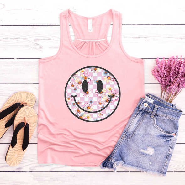 Checker Floral Happy Face Graphic Tee and Tank Top