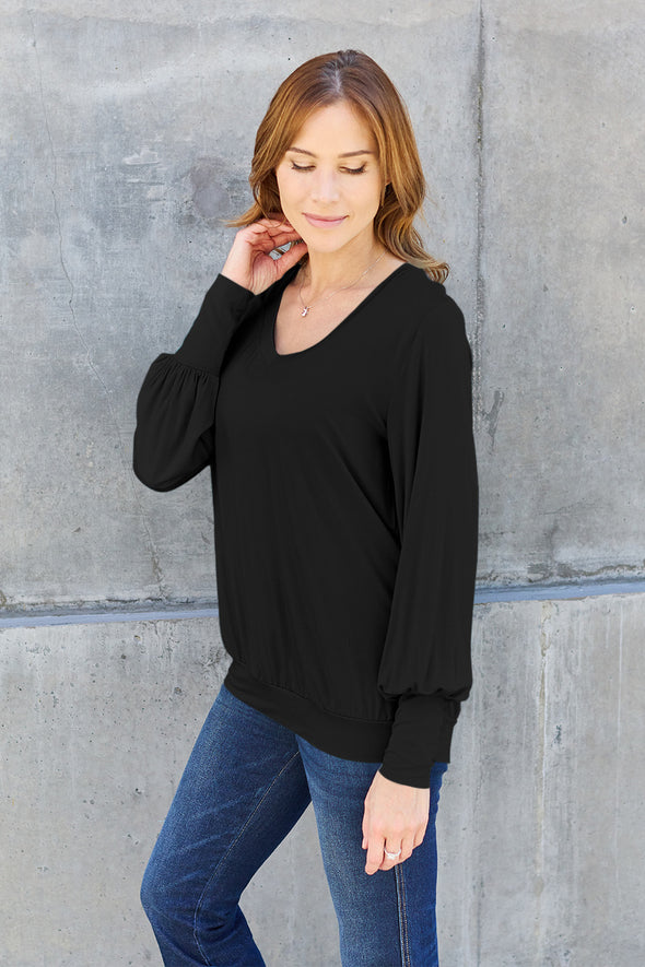 Basic Bae V-Neck Lantern Sleeve Blouse