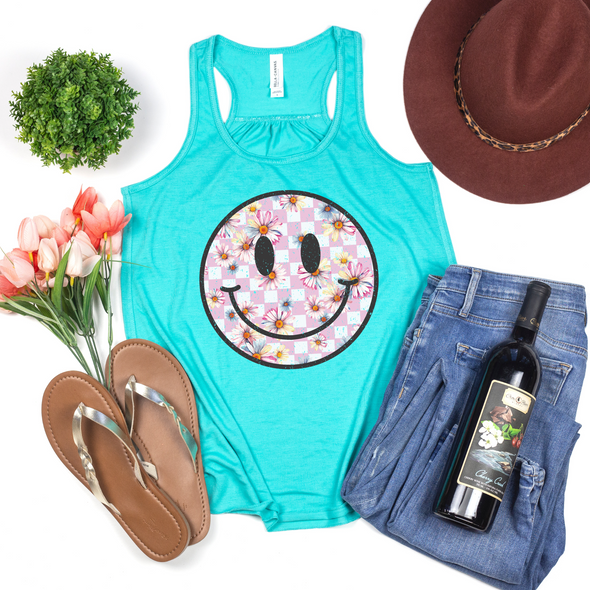 Checker Floral Happy Face Graphic Tee and Tank Top
