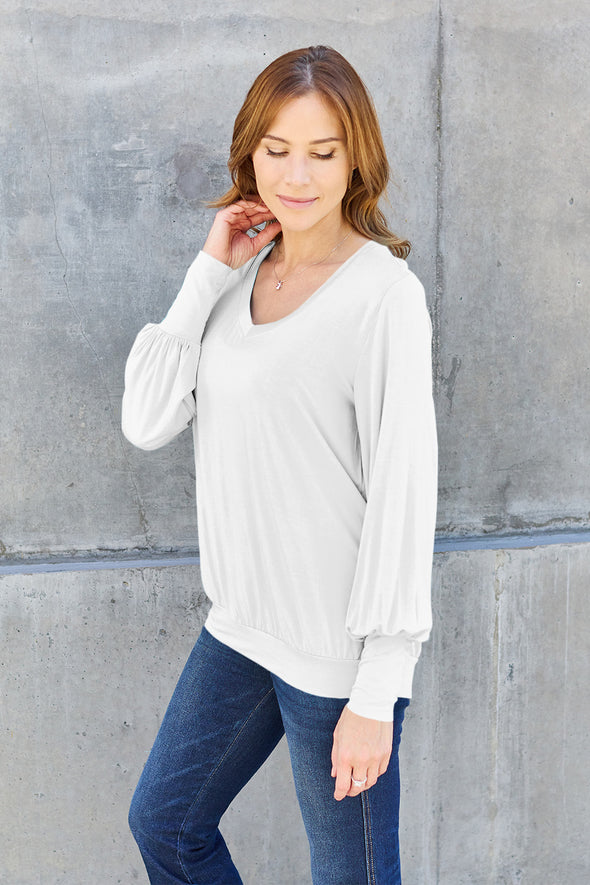 Basic Bae V-Neck Lantern Sleeve Blouse