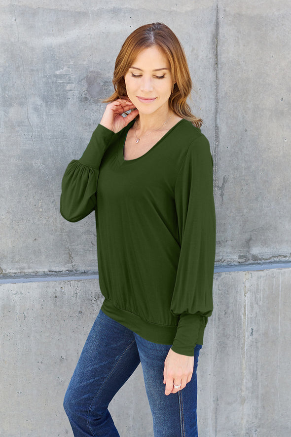 Basic Bae V-Neck Lantern Sleeve Blouse