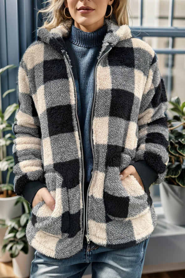 Double Take Plaid Long Sleeve Hooded Coat