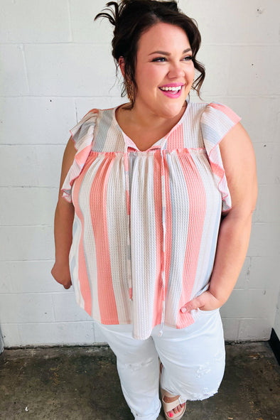 Coral & Light Blue Stripe Waffle Tie Neck Top