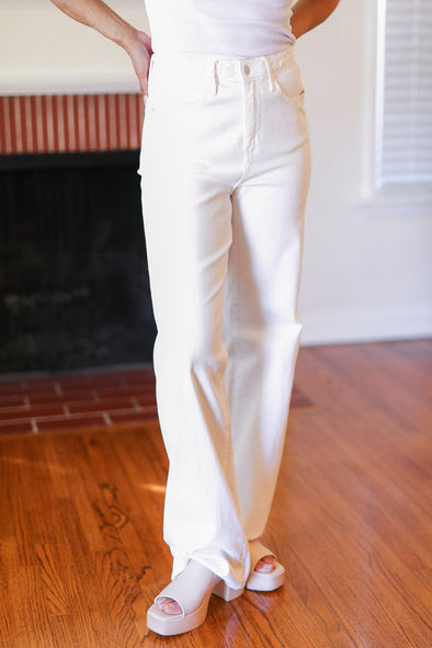 Judy Blue Above & Beyond White Braided Waist Wide Leg Jeans