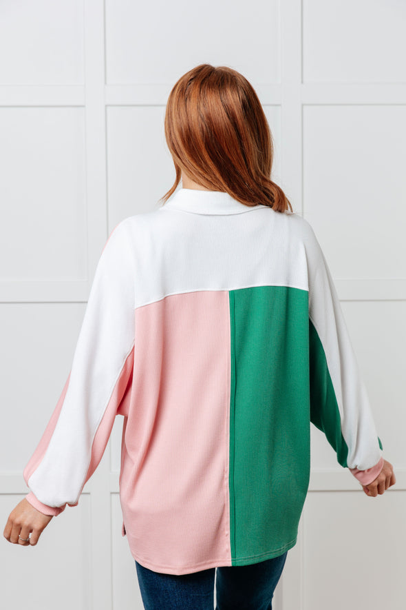 Chip Off The Old Colorblock V-Neck Henley in Green