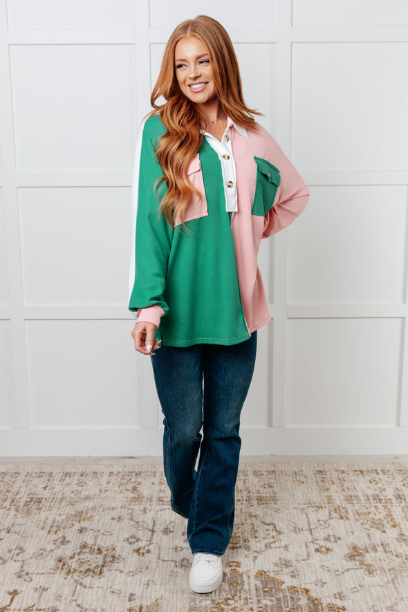 Chip Off The Old Colorblock V-Neck Henley in Green