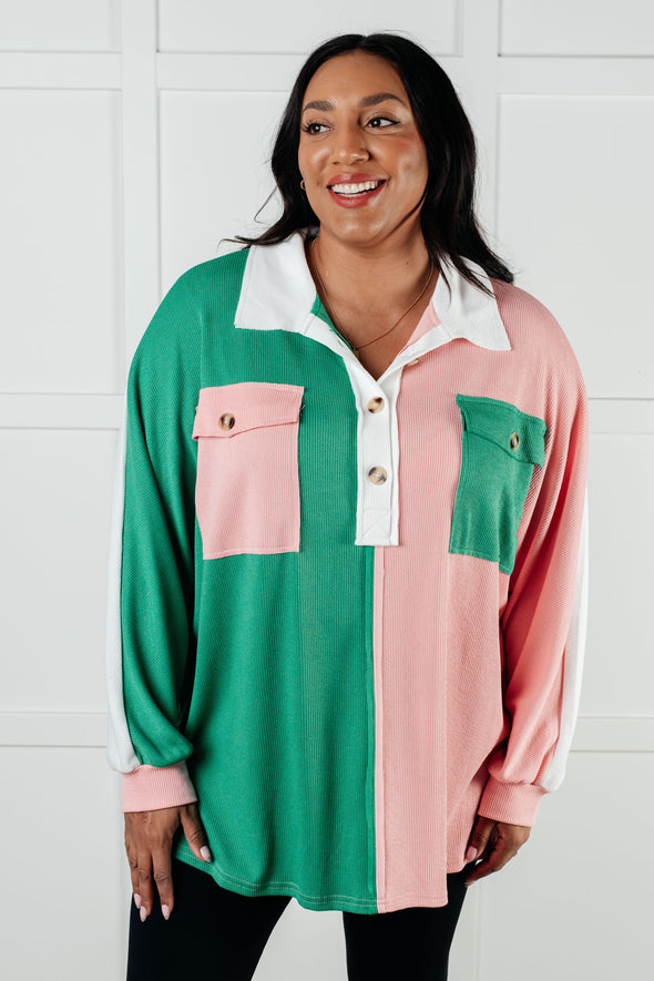 Chip Off The Old Colorblock V-Neck Henley in Green