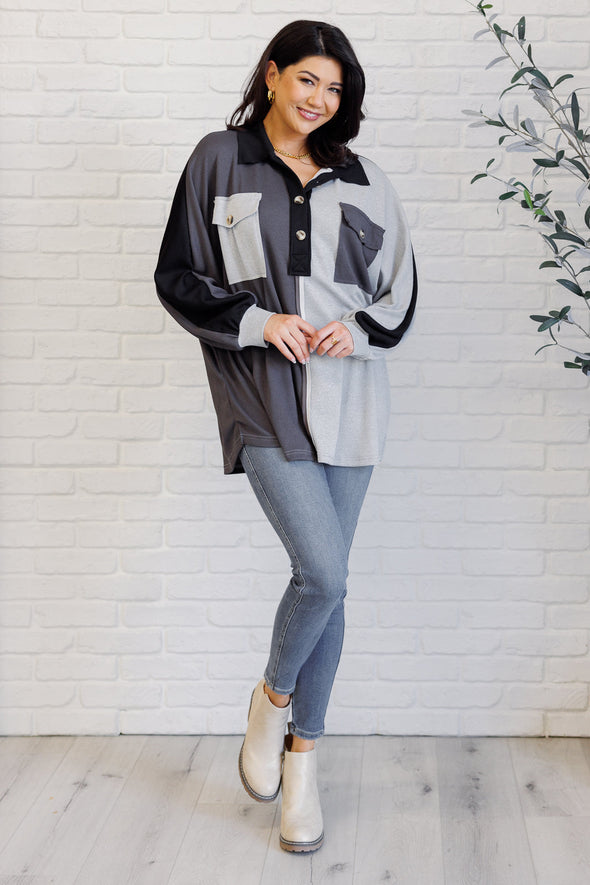 Chip Off The Old Colorblock V-Neck Henley in Grey