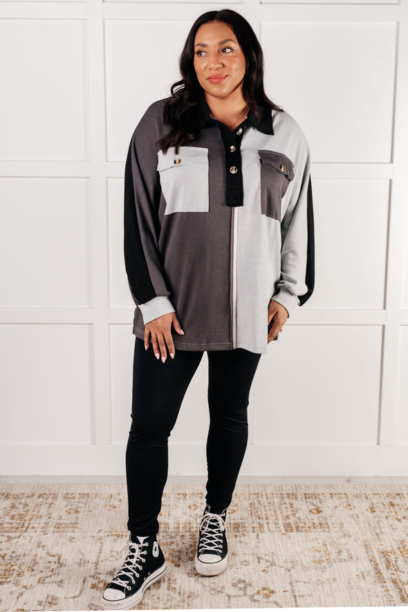 Chip Off The Old Colorblock V-Neck Henley in Grey