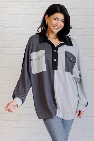 Chip Off The Old Colorblock V-Neck Henley in Grey