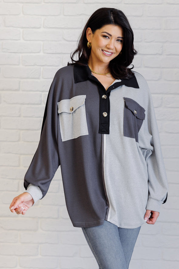 Chip Off The Old Colorblock V-Neck Henley in Grey