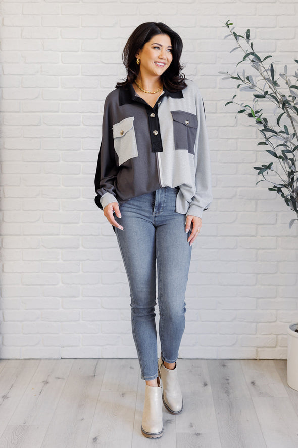 Chip Off The Old Colorblock V-Neck Henley in Grey