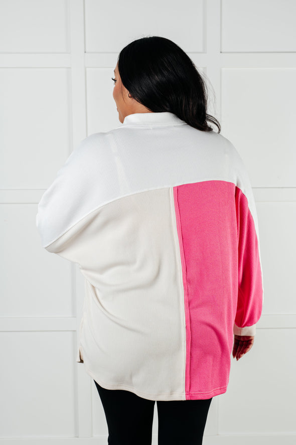 Chip Off The Old Colorblock V-Neck Henley in Pink