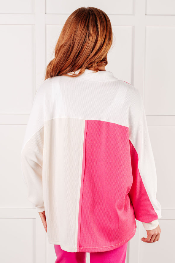 Chip Off The Old Colorblock V-Neck Henley in Pink