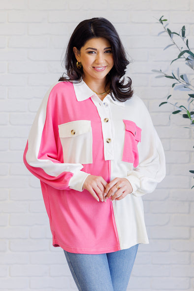 Chip Off The Old Colorblock V-Neck Henley in Pink
