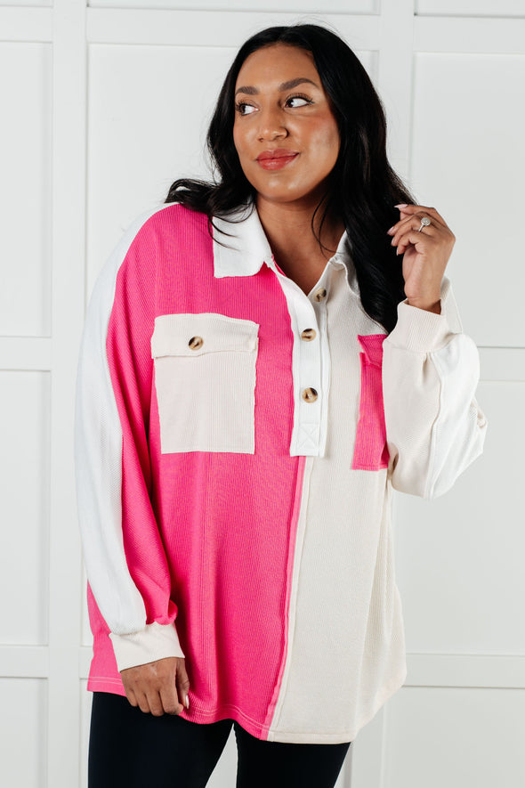 Chip Off The Old Colorblock V-Neck Henley in Pink