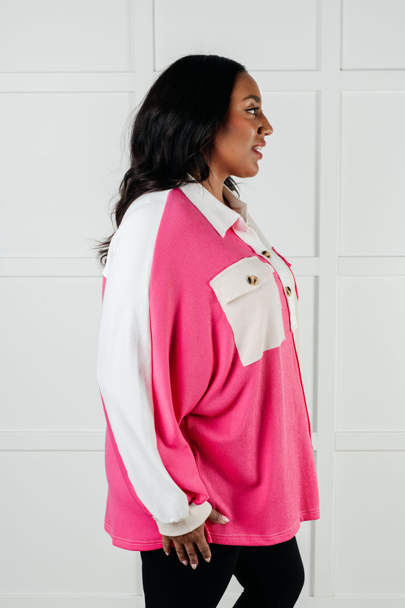 Chip Off The Old Colorblock V-Neck Henley in Pink