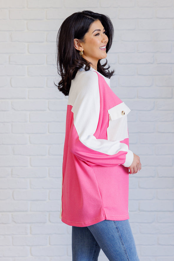 Chip Off The Old Colorblock V-Neck Henley in Pink