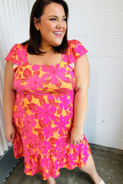 Haptics Fuchsia & Orange Tropical Floral Square Neck Dress