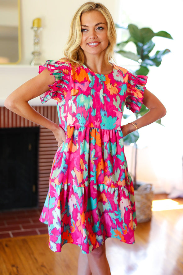 Look Of Love Fuchsia Abstract Floral Print Smocked Ruffle Sleeve Dress