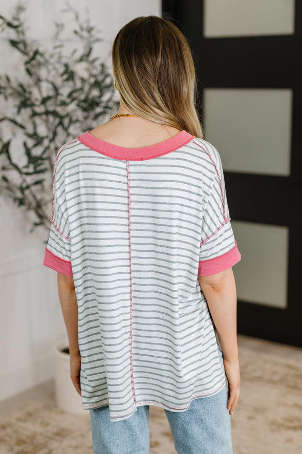 Dressed To Chill V-Neck Top in Heather/Grey/Ivory/Pink