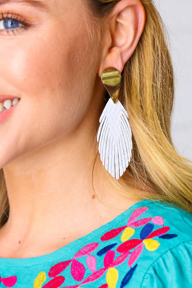 Off White & Gold Leather Fringe Feather Earrings
