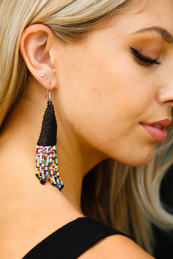 Black & Multicolor Beaded Pyramid Drop Earrings