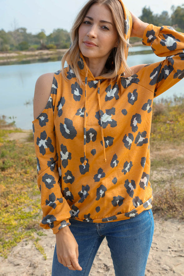 Haptics Leopard Print Cold Shoulder Hoodie Top