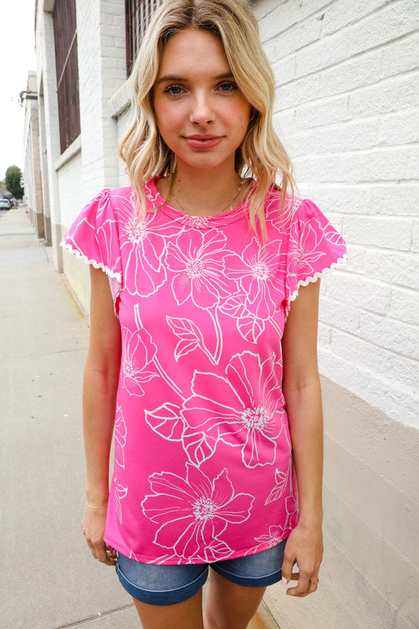Adorable In Pink Big Floral Print Flutter Sleeve Knit Top